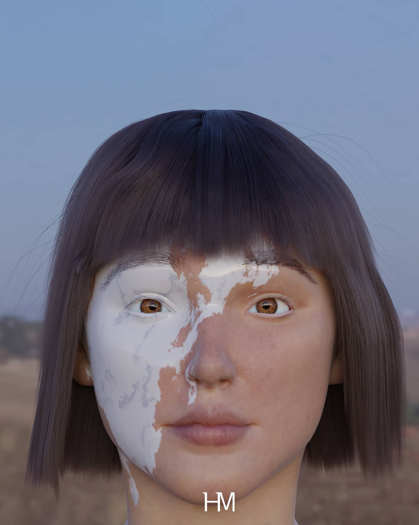 Haunting Porcelain Mask with glazed white ceramic and human skin